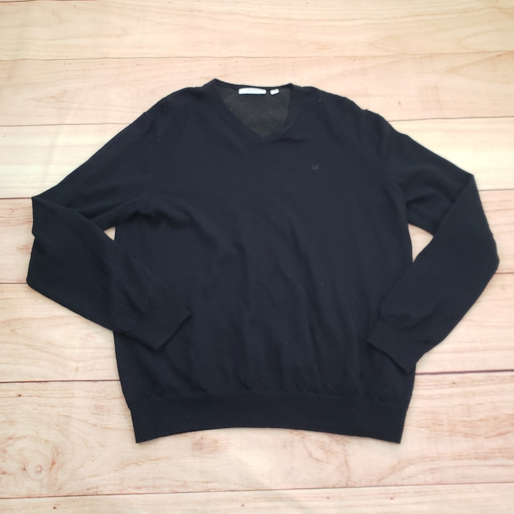 Calvin Klein Sweater Mens Large‎ Blue Mens Italian Merino Wool V-Neck Pullover